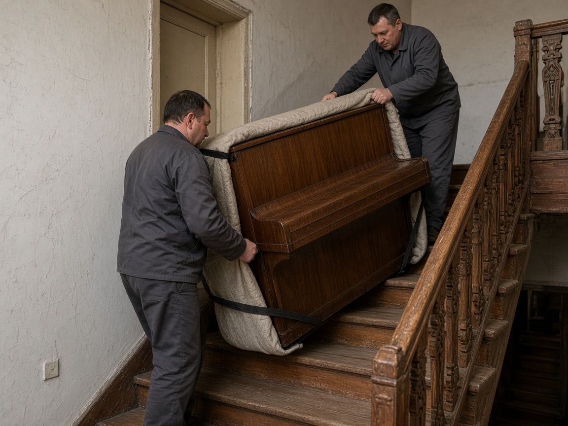 Pianīno pārvešana pa šaurām kāpnēm Rīgas daudzdzīvokļu mājā